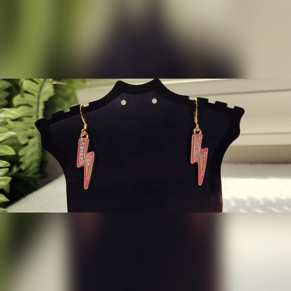Hot Pink and Rhinestone Lightning Bolt Statement Dangle Earrings / Pierced